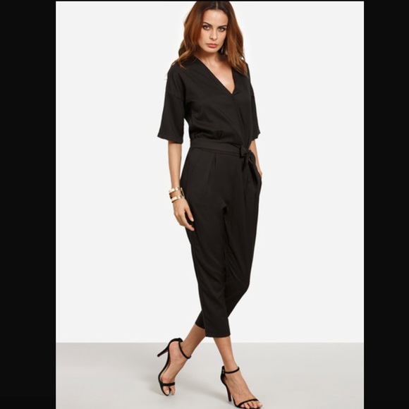 Drop Shoulder Surplice Front Self Tie Jumpsuit - Picture 4 of 7